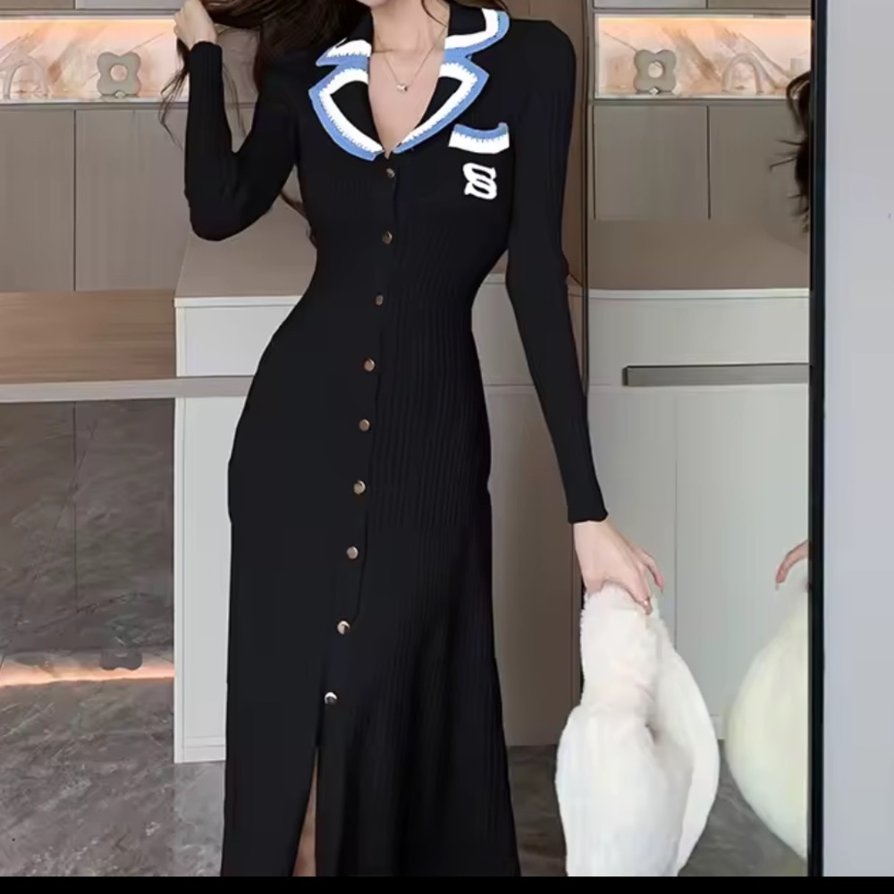 New 🖤 Luxury Polo Black Long Knit Dress with White Trim